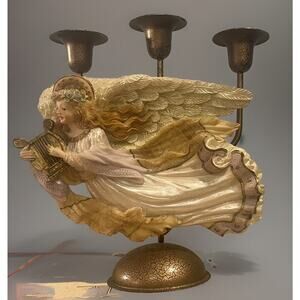 VTG Candleholder Candelabra Candle Holder Resin Harp Cherub Angel Flight Bronze